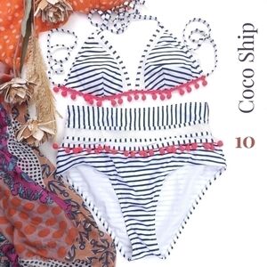 New Coco Ship Pink Tassled Blue White Striped 2pc Swimsuit sz 10
